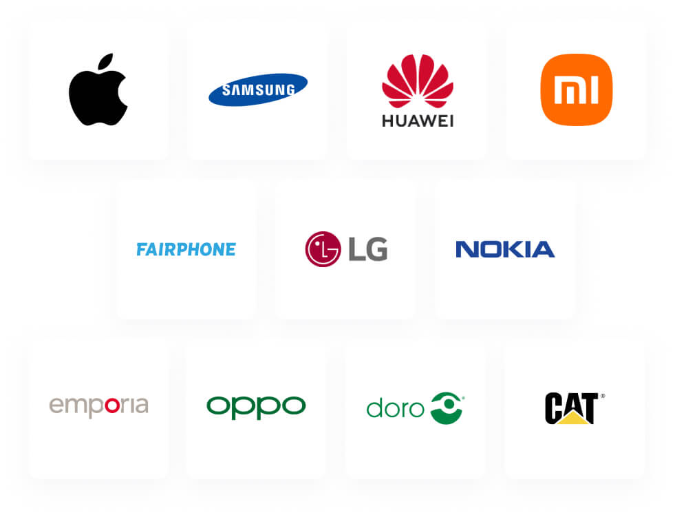 Nous prenons en charge les marques suivantes : Apple, Samsung, Huawei, Xiaomi, Fairphone, LG, Nokia, Emporia, OPPO, Dora, Caterpillar