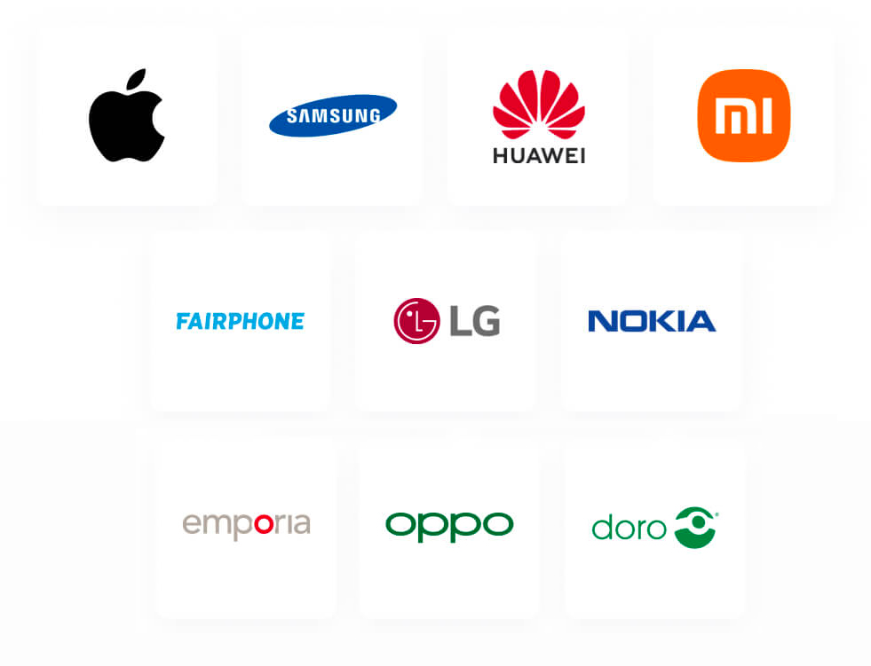 Nous prenons en charge les marques suivantes : Apple, Samsung, Huawei, Xiaomi, Fairphone, LG, Nokia, Emporia, OPPO, Dora, Caterpillar